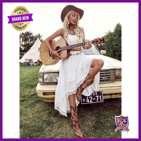 Western Boho Lace Ruffle Asymmetrical Maxi Skirt Flowy Festival - Picture 5 of 8